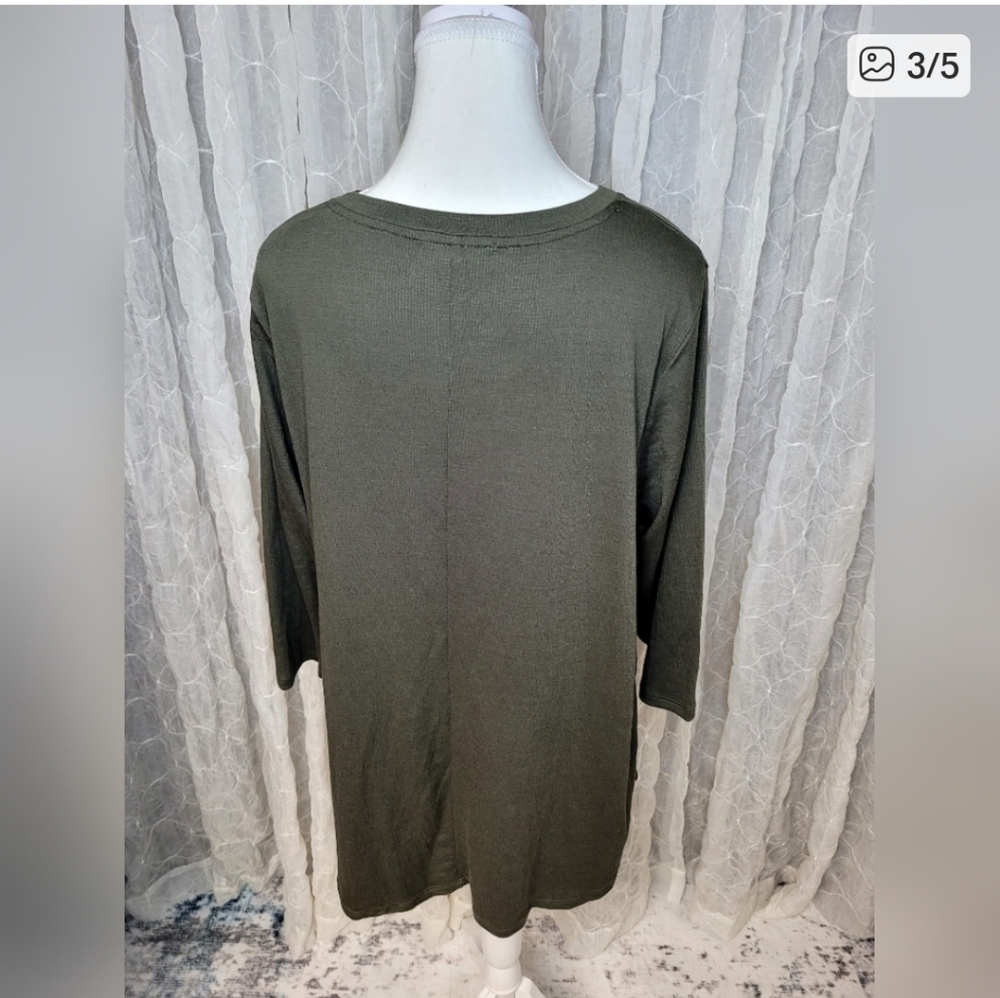Lane Bryant Dark Olive Green 3/4 Sleeve Tie Front Lightweight Waffle Knit Top - Picture 3 of 5